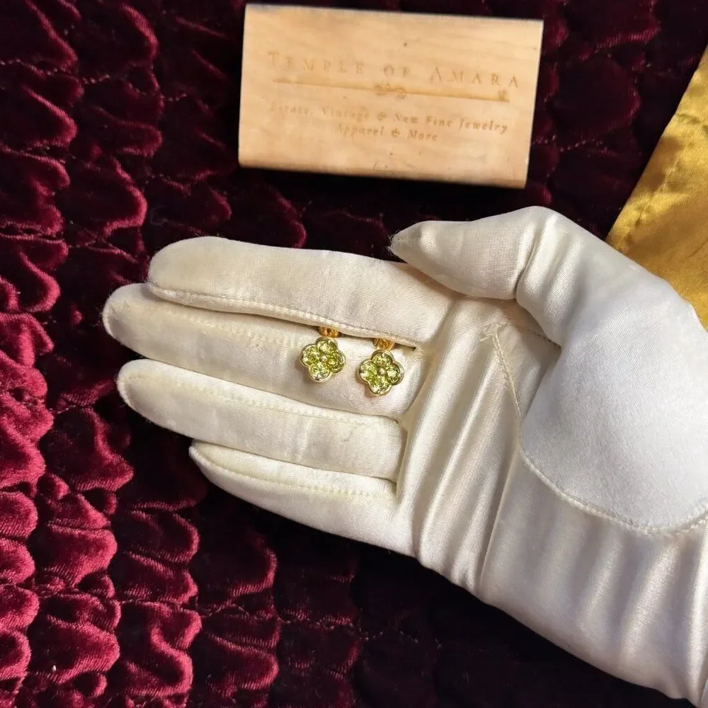 14K Yellow Gold- Natural Peridot Earrings - 1.25CT -Clover Flower Studs 2.5g